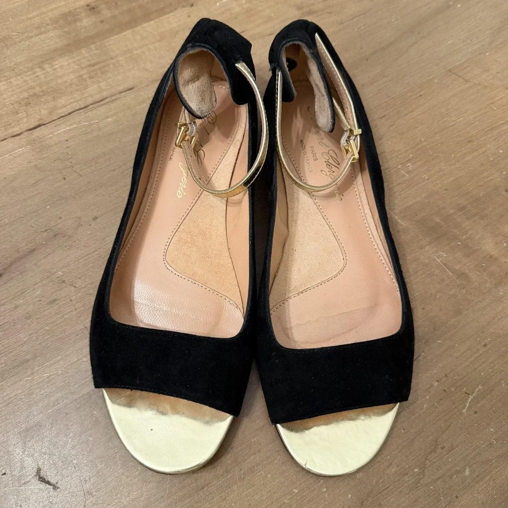 Robert Clergerie Black Suede Flats with Gold Toe Cap